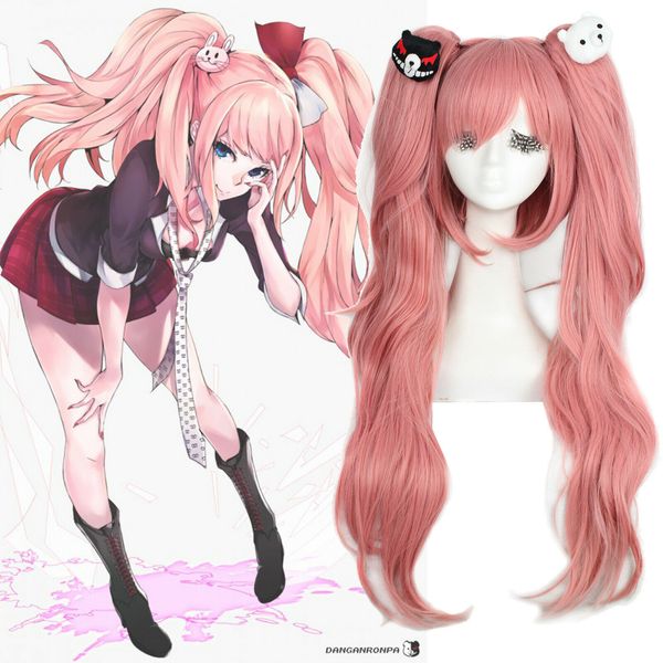 Danganronpa Junko Enoshima Cosplay Perücken lange rosa lockige Haare Frau Pferdeschwanz Perücke