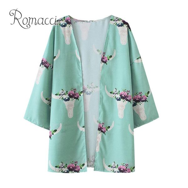 

romacci summer new women chiffon kimono cardigan floral print open front boho pareo loose outerwear beach bikini cover up green, White