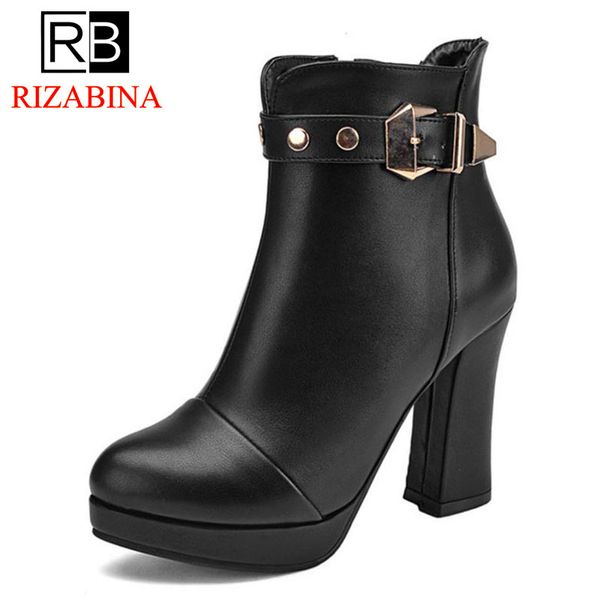 

rizabina size 31-43 women high heel boot concise round toe platform fur warm buckle ankle boots winter shoes women footwear, Black