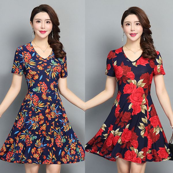 

плюс размер летнее платье женщины цветочные платья повседневные платья женская мода одежда дышащая 3xl 4xl 5xl, Black;gray