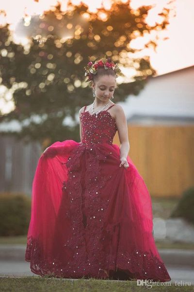 Выполненная на заказ Wine Red Тюль причастие девушки цветка платья партии принцессы платье для венчания Birthday Pageant Девочек Dnace платья