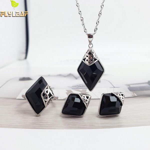 

flyleaf rhombus gemstone 100% 925 sterling silver earrings for women necklaces & pendants ring fine jewelry sets, Black