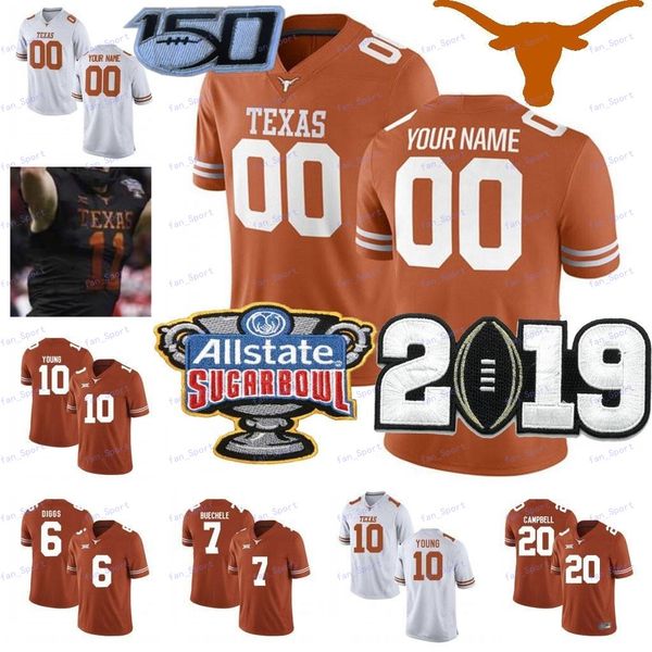 

custom texas longhorns 2020 football any name number orange white 11 ehlinger 7 sterns 9 collin johnson young sugar bowl ncaa 150th jersey, Black