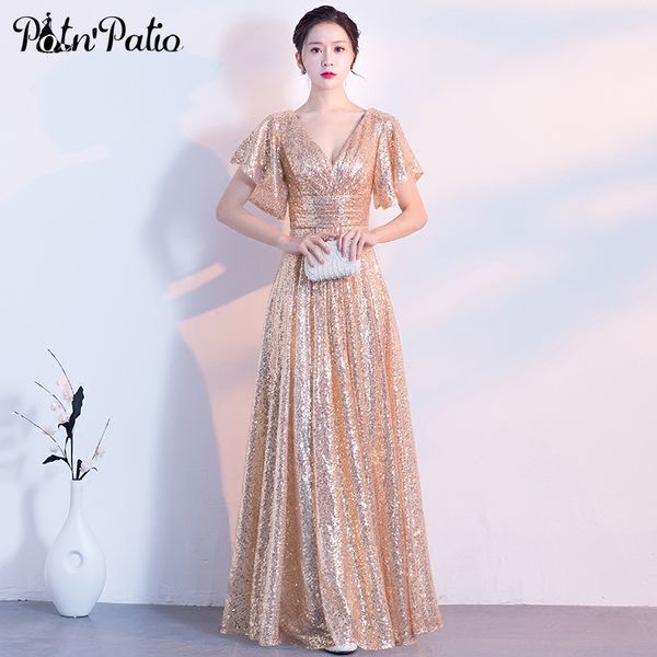 

gold evening dresses long 2018 elegant v-neck a-line floor-length sequined formal evening gown with short cap sleeves plus size, White;black