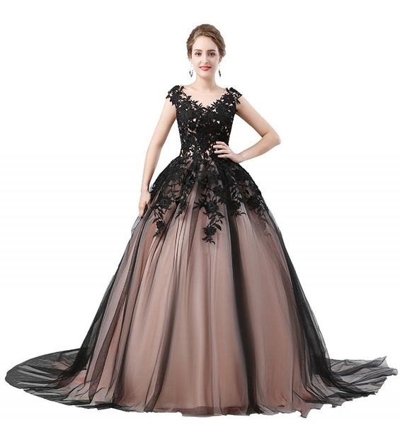 

elegant girls black dresses v neck with appliques cap sleeves ball gown tulle long party formal evening dresses for women prom dresses, Black;red