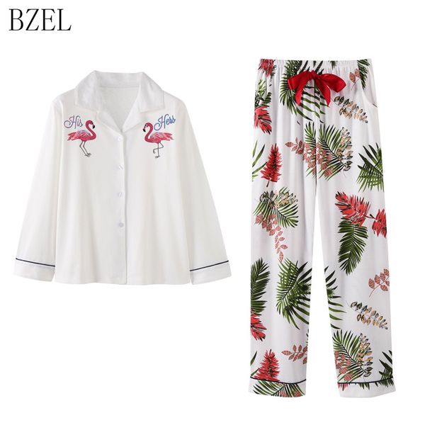 

women's sleepwear bzel pajamas set autumn cotton for women cartoon flamingo turn-down collar sleep lounge leisure home cloth, Black;red