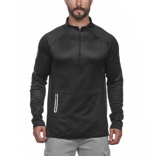 

classic zipper stand collar men sweatshirt slim long sleeve pullovers solid sport sweat homme summer gym jogger streetwear, Black