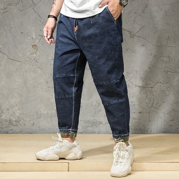 

2019 men's harem jeans washed feet shinny denim blue harem pant hip hop sportswear elastic waist joggers pants plus size 5xl 6xl