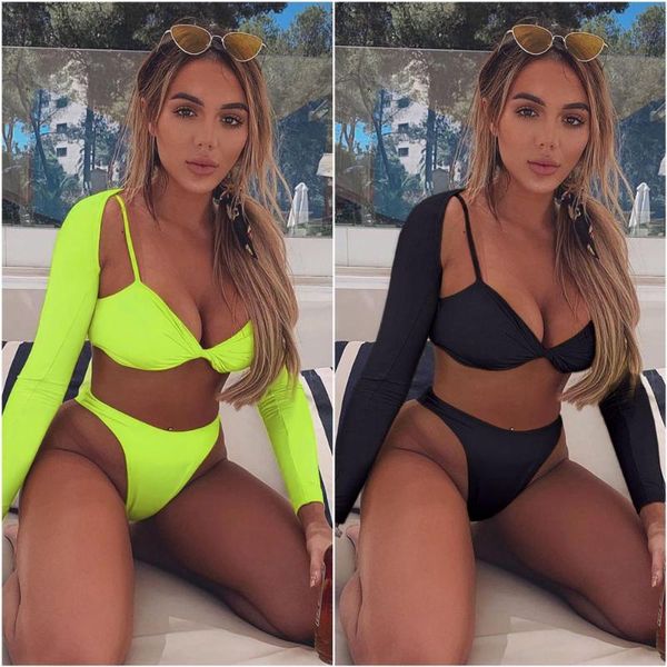 

women three-piece bikini suit 2019 long sleeve crop halter bra thong cut out backless swimsuit fashion beach swimwear