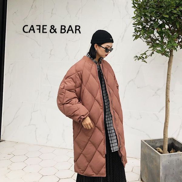 

street original plain color spliced diamond plaid mid-long clothes bf winter thicker clip cotton hammer warm coat parkas, Black