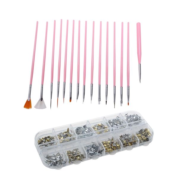 

set of 15 brushes for nail , pink & 600pcs women 3d acrylic alloy diy decoration nail art studs rivet