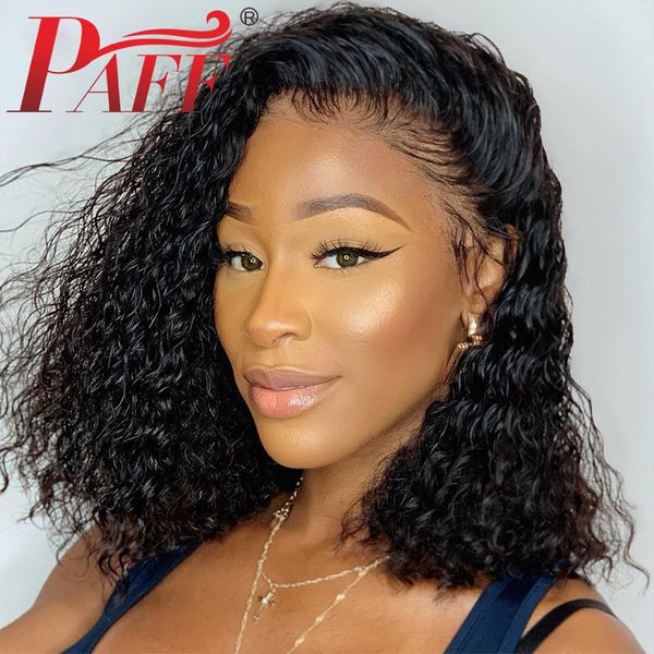 

paff deep wave short bob wigs for black women brazilian bob lace front wigs pre plucked deep curly human hair wigs, Black;brown
