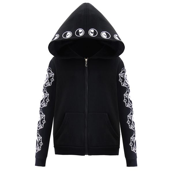 

double layer women black hoodies zipper plus size s-5xl moon print street cool goth punk hooded