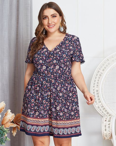 

plus size summer v-neck straight boho playsuit floral print short sleeve sweet female romper with button, Black;white