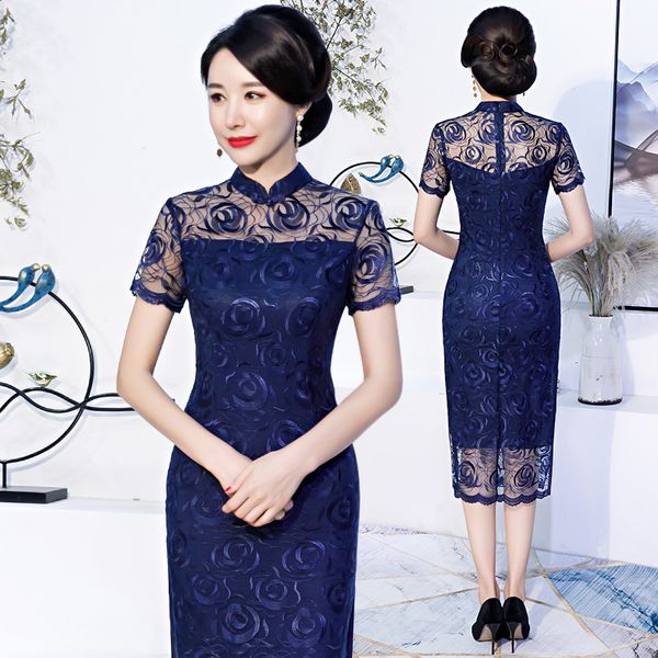 

2019 fashion knee length cheongsam chinese style mandarin collar dress womens summer mesh qipao slim party dresses vestido, Red
