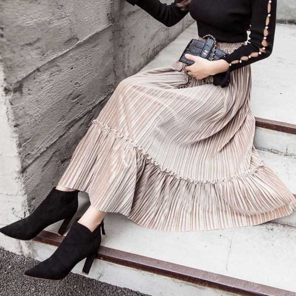 

fashion tulle skirts women elegant high waist casual velvet skirt half-length pleated skirt jupe tulle longue femme#y3, Black