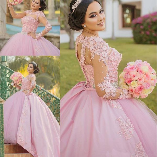 

Pink Sweet 16 Masquerade Quinceanera Dresses 2018 Ball Gown Vintage Lace Long Sleeves 3D Floral Vestidos 15 Anos Plus Size Pageant Prom Gown