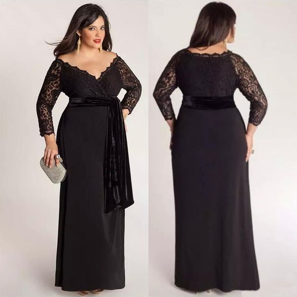 

plus size lace long sleeve sheath chiffon evening dresses v-neck with velvet sash floor length special occasion gowns prom dress sd3419, Black