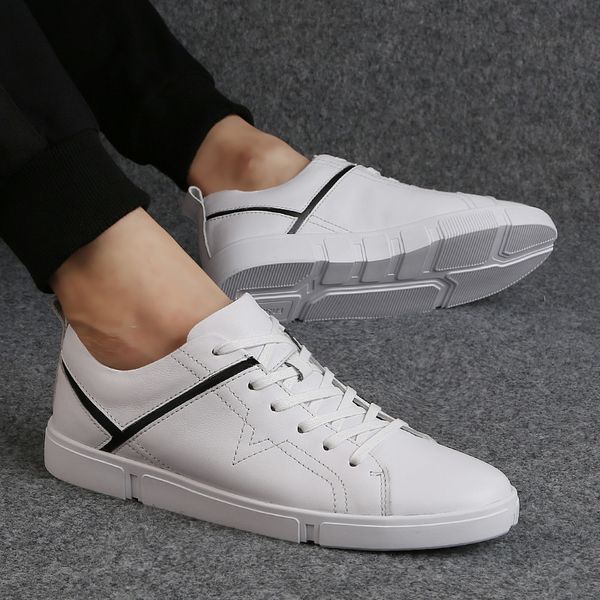 

white male casual shoes breathable white sneakers leather mens moccasins simple flats fashion brand casual men leather shoes, Black