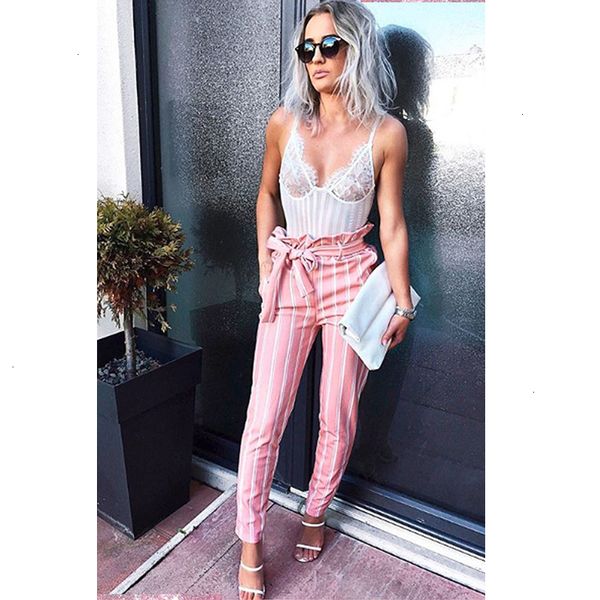 

ladies pants ladies summer printed white double striped pants pink ol women drawstring pencil trousers drop shipping good quality, Black;white