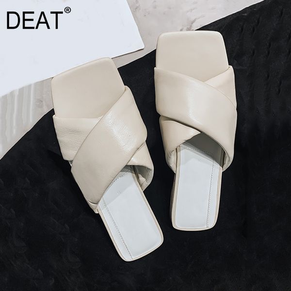 

deat] 2020 new spring summer square toe shallow cross band cowhide outside beach flat slippers women shoes fashion 10g901, Black