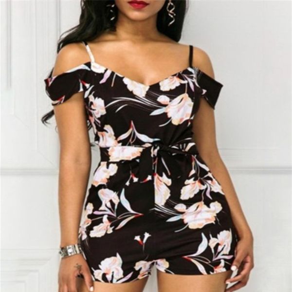

floral print backless women jumpsuit adjustable strap ladies one piece beach short pants off shoulder deep v neck high waist, Black;white