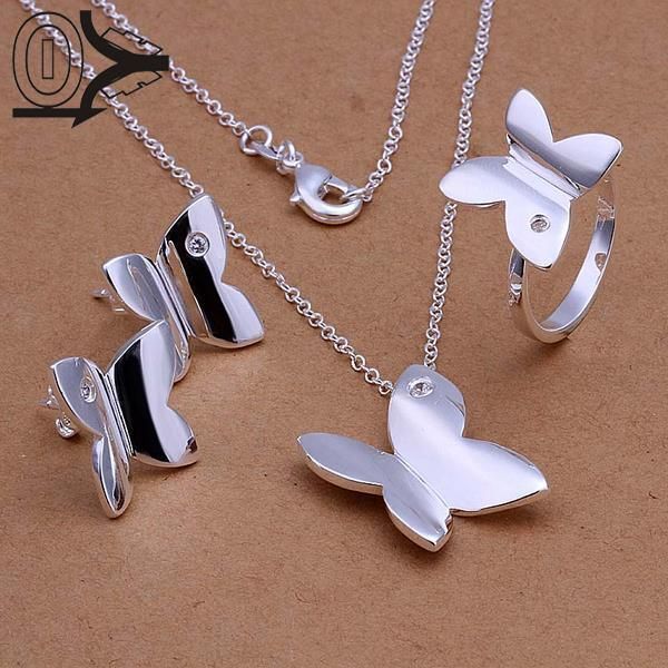 

silver plated jewelry set,bridal party sets,single zircon glossy butterfly fashion silver necklace ring earring, Slivery;golden