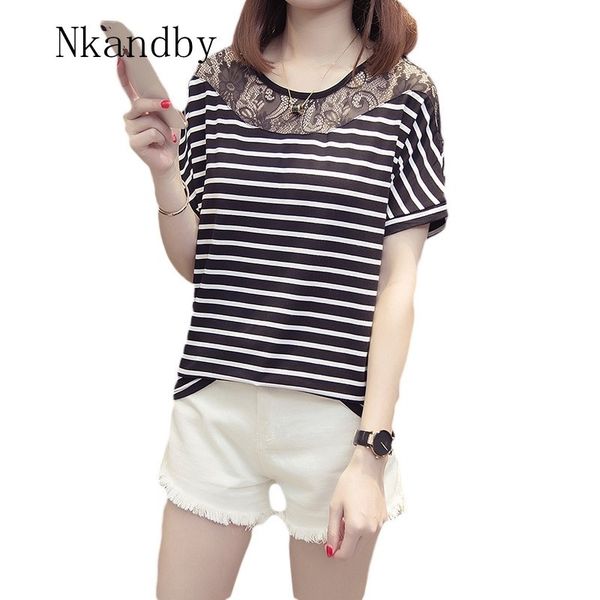 

nkandby lace patchwork striped women t-shirt 2020 summer clothing large size short sleeve woman t shirt korean 4xl plus size top, White