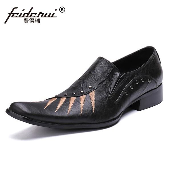 

new arrival pointed toe slip on man rivets office loafers genuine leather handmade wedding party men's spiked shoes sl395, Black