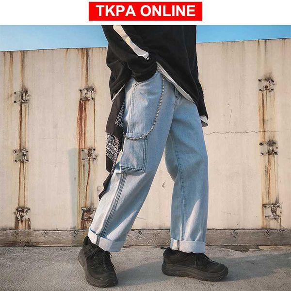 

men oversized streetwear blue jeans pants 2020 mens designer high wasit denim pants male overalls fashions harem