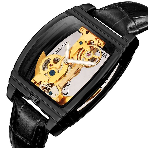

luxury tyrant gold automatic mechanical watch men status symbol steampunk skeleton self winding leather watch montre de homem, Slivery;brown