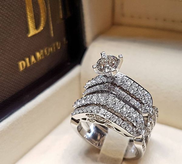 Роскошные женские белые круглые алмазные кольца набор Crystal 925 серебряные свадебные кольца свадебные ювелирные изделия обещают обручальные кольца для женщин
