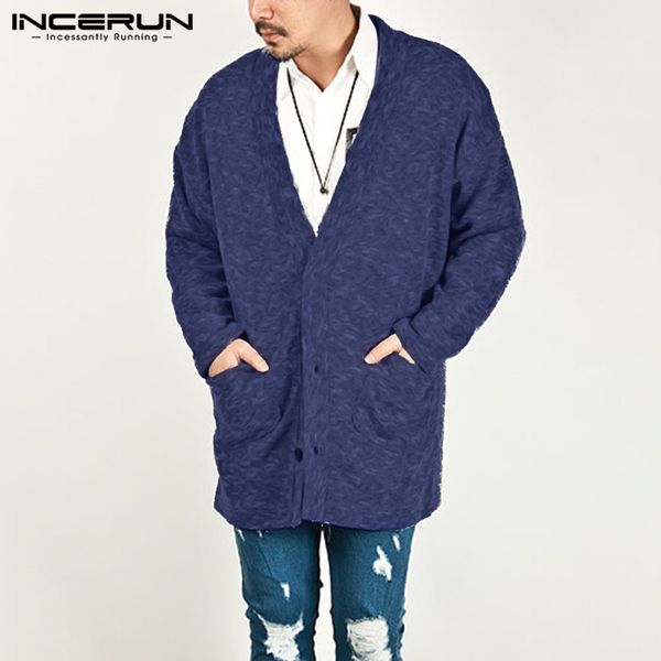

fashion men cardigan outerwear long sleeve 2019 button up pockets cardigan solid baggy men sweater coat incerun streetwear s-5xl, White;black