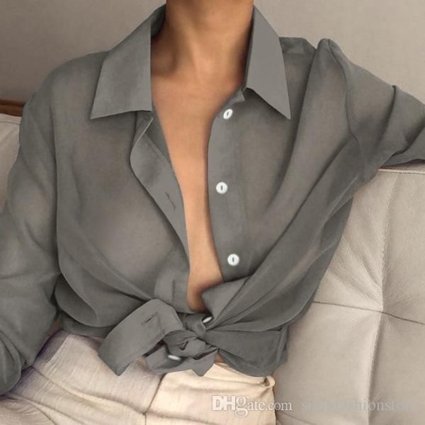 

бренд дизайнер женщины сексуальный отворот шеи с длинным рукавом блузка прозрачный прозрачный топ 2019 весна лето пляжная одежда офисная руб, White