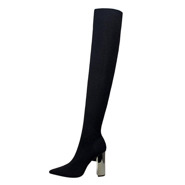 

fashion women's over the knee boots platform pumps pointed toe slim thigh square metal high heel ladies booties shoes, Black
