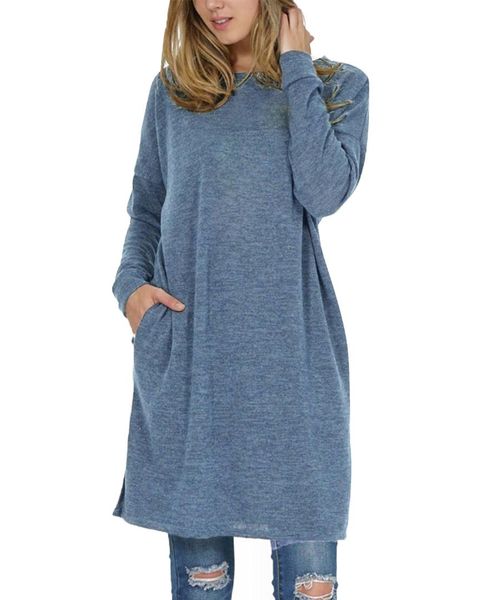 

long t-shirts women 2019 autumn winter casual loose solid pullover round neck full bating sleeve pockets tees plus size 2xl, White