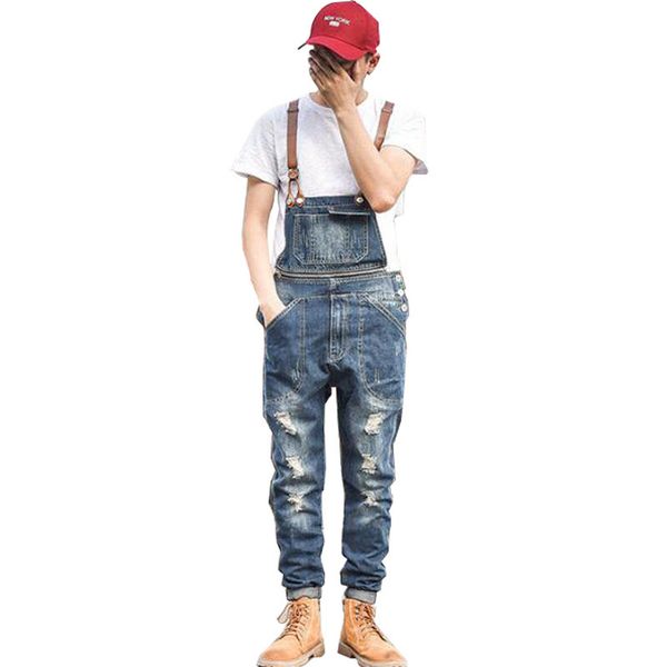

mcikkny new men's distressed jeans jumpsuits fashion style denim bib overalls for male suspender pants multi-pockets size -2xl, Blue
