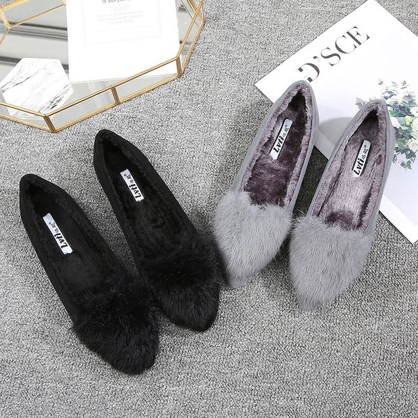 

pointed toe fur decoration flat shoes woman long plush padded winter flats slip on fur loafers women plus size 43 s388, Black