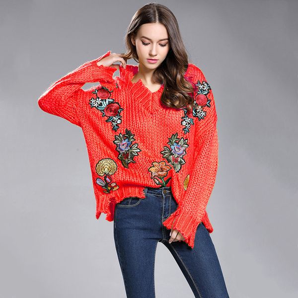 

2019 осень свитер женщины цветочные вышивка tearing вязаная зима женщины свитер с длинным рукавом вязание v шеи повседневный пуловер, White;black