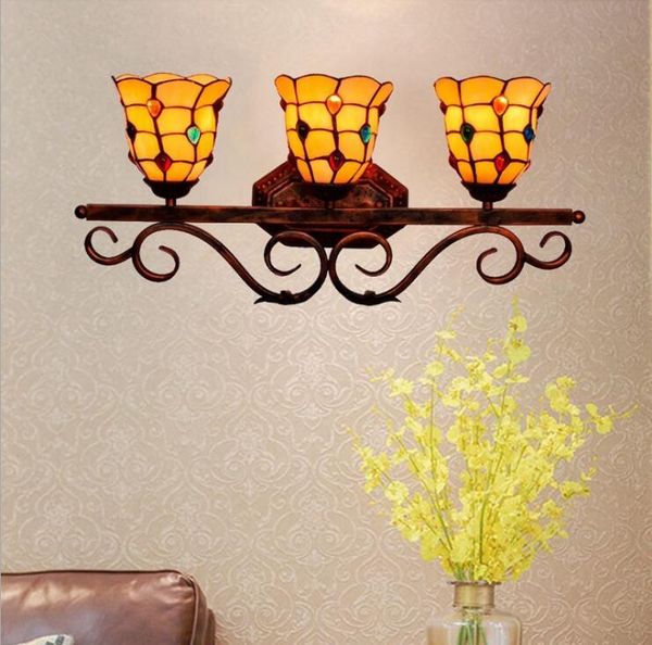 

european retro lamps creative stained glass bathroom mirror front light american corridor bar restaurant three head wall lamp