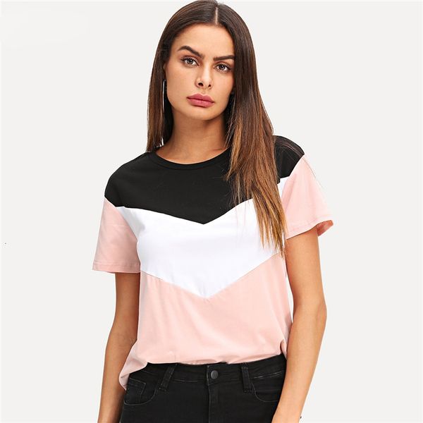 

women clothing women shirt colorblock short sleeve t shirt o neck fashion tees 2019 summer casual women stretchy pullovers, White