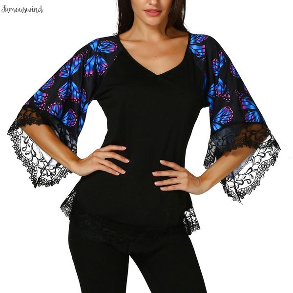 

2019 весна футболка лето бабочка flare половина рукава с кружевом мундир blusa ladies tee топы свободные рубашки top feminina, White