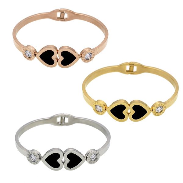 

2019 new roman word style titanium steel spring buckle open bracelet double peach heart personality female bracelet, Black