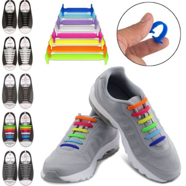 

16pcs/lot lazy athletic running no tie shoelaces women men elastic silicone shoe lace all sneakers fit strap, Black