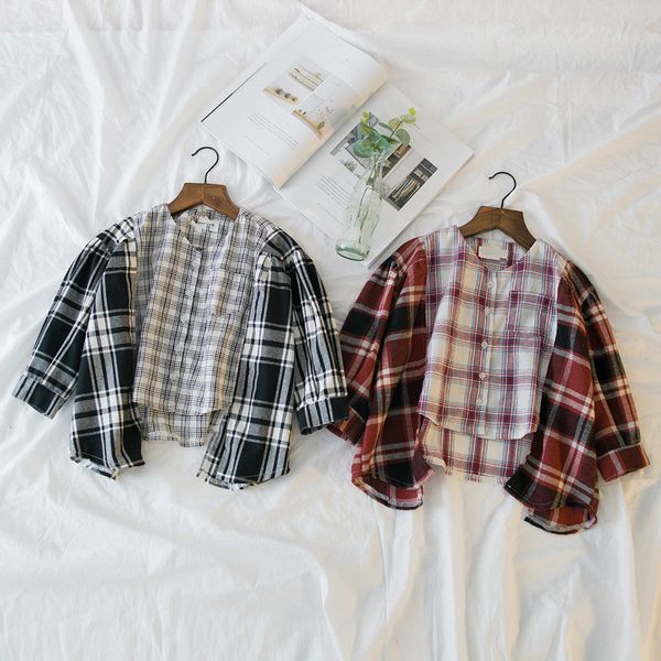 

fashion girls irregular plaid long shirt children clothing 2018 new summer red/white long sleeve little girls kids school blouse, White;black