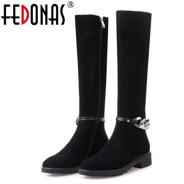 

fedonas brand knee high boots for women autumn winter high heels long warm snow shoes woman chains punk motorcycle boots, Black