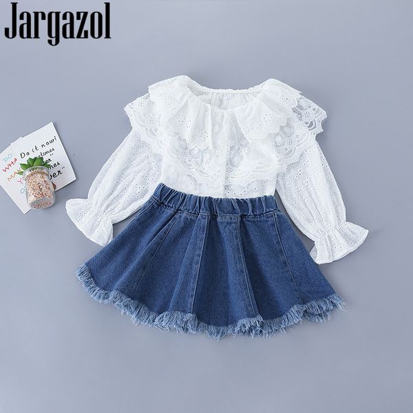 

jargazol fall kids clothes lace embroidery long sleeve blouse&denim skirt summer little girls clothing set fashion outfits, White