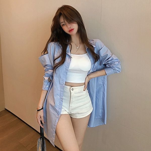 

2020s new korean-style autumn design loose off-shoulder sun-protective shirt mid-length all-match slim shirt women, White