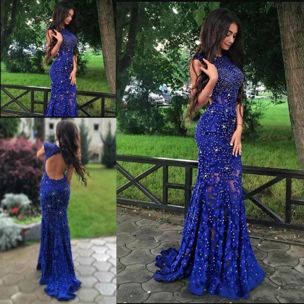 

backless blue lace mermaid prom dresses long formal party evening dress with beaded floor length jewel arabic gowns paolo sebastian, Black
