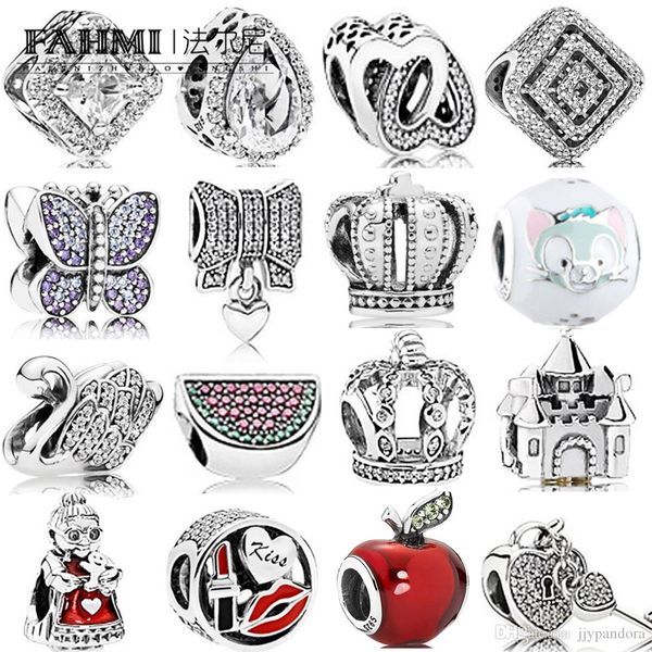 

fahmi 100% 925 sterling silver glamour red and green royal crown sparkling butterfly padlock swan transparent diy bracelet beaded jewelry, Black